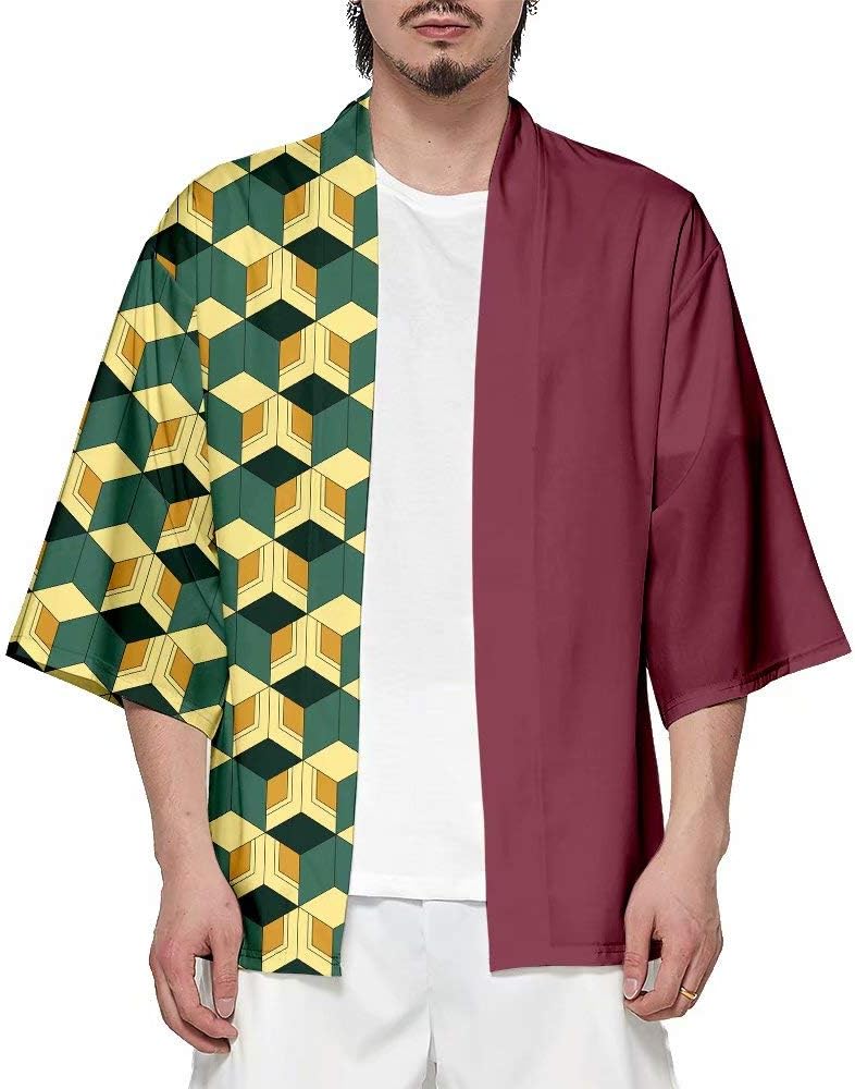 Qiujiam Teenager Anime Demon Slayer Kimetsu no Yaiba Kimono Cosplay Costume Tomioka Giyuu Red Jacket Open Botton Coat