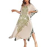 Daiwor Kout Caftan Dresses for Women Satin Print Plus Size Kaftan Maxi Gown Cover Up Beach Swimsuit Coverup Long House Dress