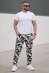 GINGTTO Mens Cargo Moto Pants White Camo Leather