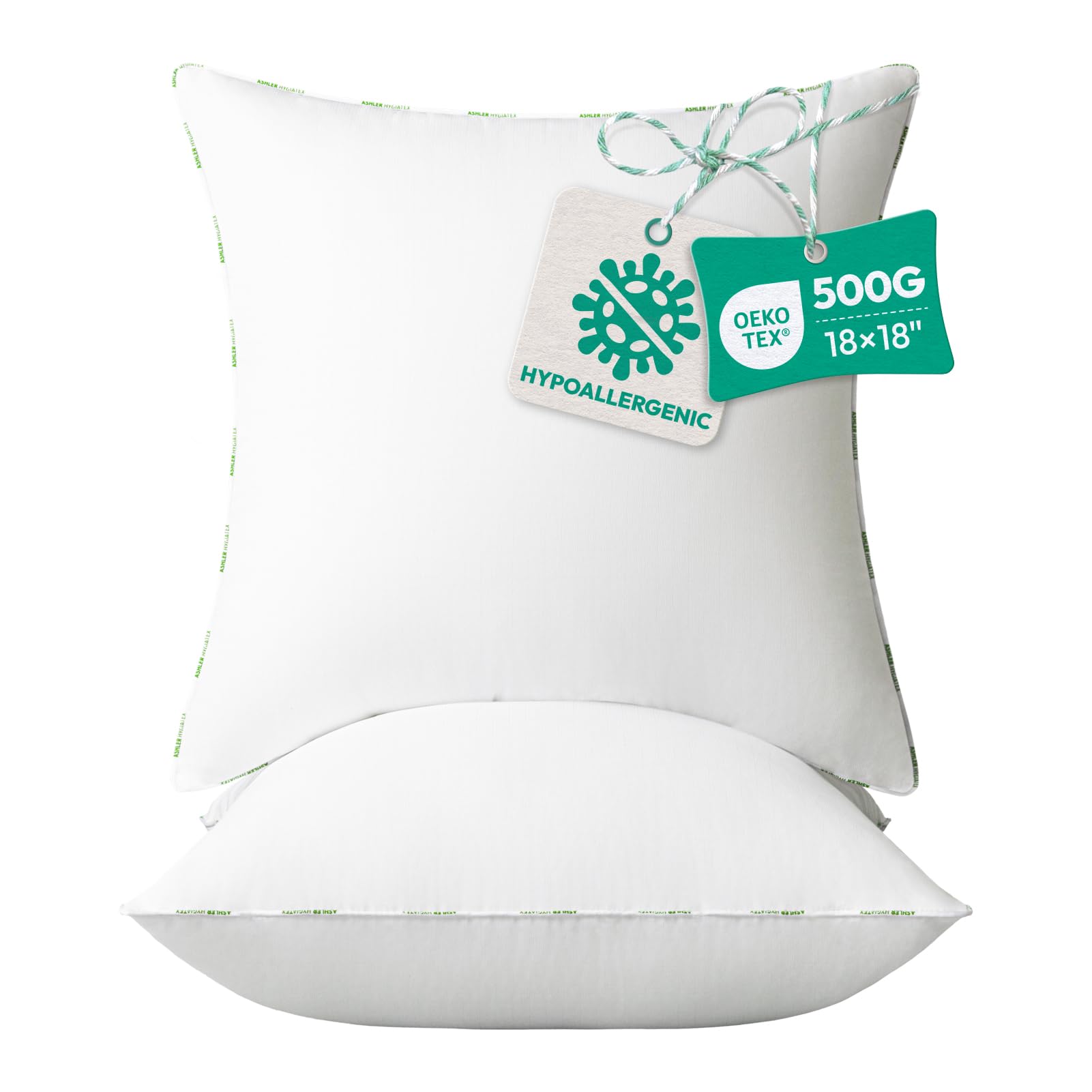 Ashler Home Deco Throw Pillow Inserts (Pack of 2, 18 x 18 Inches, White) - Hypoallergenic 100% Virgin Fiber Square Form Microfiber Throw Pillows for Bed and Couch Pillows | Indoor Decorative Pillow