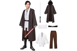 KUGVDI Halloween Knight Costume Men Tunic Hooded Robe Full Set with Lightsaber Halloween Cosplay Outfits