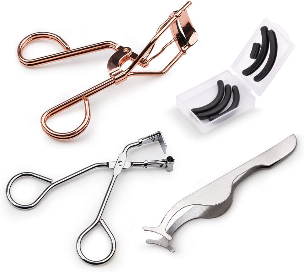 AIRCLE Eyelash Curler, Makeup Tools Set with Partial Eyelash Curler, Mini Slant Tweezer & Silicone Refill Pads, Professional Stainless-Steel Lashes Curler, Fits for Various Beauty Girls Shapes.