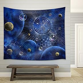 Picture Painted Showing a Corona-Like Structure, Planets and Bubbles in Blue Spacy Back - Fabric Wall Tapestry Home Decor - 51x60 inches