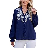 Binsvind Women‘s Embroidery Linen Tops Floral Ruffle Long Sleeve V Neck Button Down Shirts Boho Chic