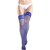 woosnscly Blue Thigh High Stockings for Women Sexy Lace Top Stockings Stay Up with Silicone Thigh High Nylons Silk Sheer Tights Lingerie for Women