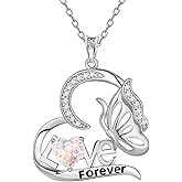 Aurora Tears Birthstone Love Heart Butterfly Pendant Necklace - 925 Sterling Silver Firework-Cut Cubic Zirconia Love Forever Necklace Anniversary Birthday Jewelry Gift for Women Wife Mom Daughter