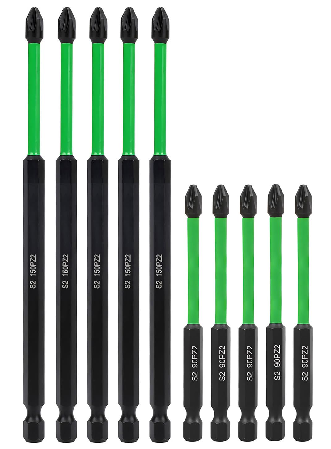Saipor 10-Piece 90 mm + 150 mm Long PZ2 Magnetic Impact Screwdriver Driver Bits Set, POZI No.2 Screw Driver Drill Bits, S2 Steel Pozidriv Screwdriver Bit Set, 1/4 Inch Hex Shank Impact Driver Bit