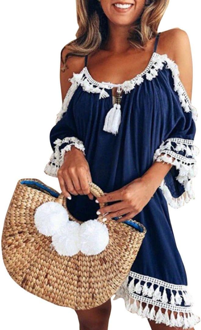 Womens Off Shoulder Dress Tassel Short Cocktail Party Cover Ups Sun Dress Bikini Beach Swimsuits Dresses Sundress