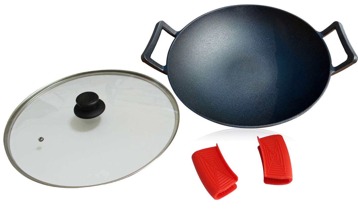 14-Inch Cast Iron Wok Set (Pre-Seasoned), Glass Lid & Silicone Hot Handle Holders