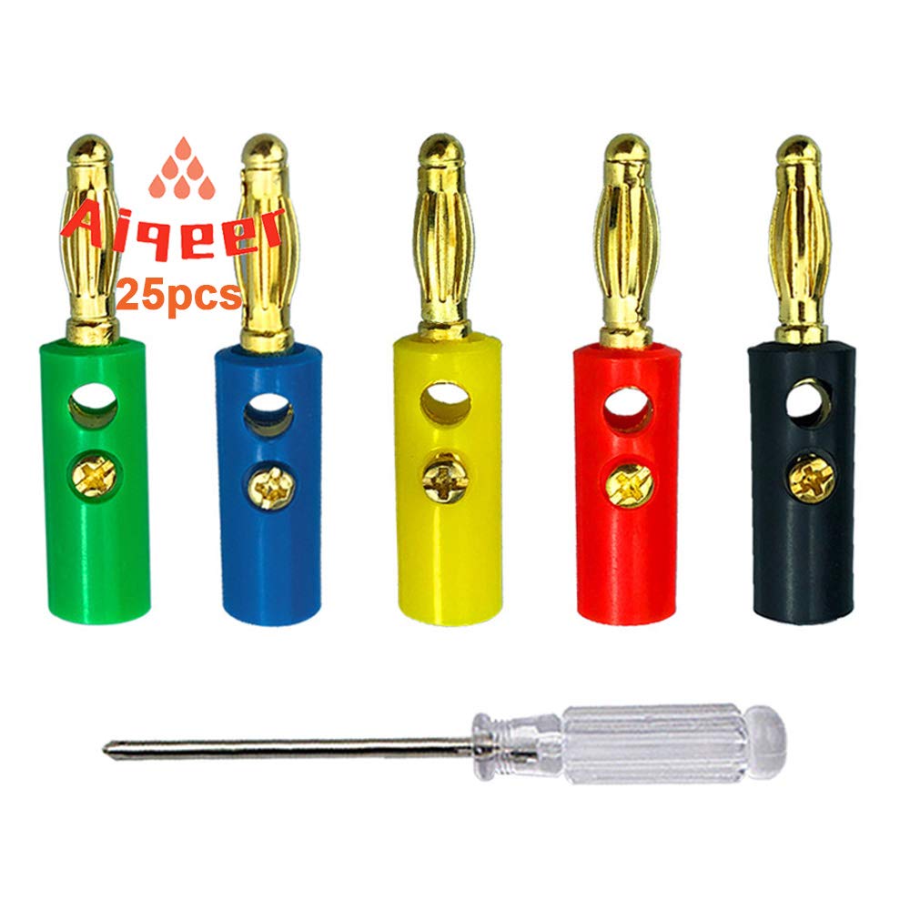 Aiqeer 25 Pcs 4 mm Banana Plug, Gold Plated Banana Plug Connector, Solderless Banana Connector Adapter, for Speaker, Audio/Video Receiver (Red, Yellow, Blue, Green, Black)