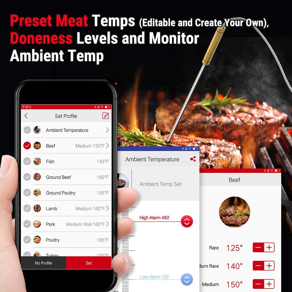 ThermoPro TP25 500ft Wireless Bluetooth Meat Thermometer with 4 Temperature Probes Smart Digital Cooking BBQ Thermometer for Grilling Oven Food Smoker Thermometer, Rechargeable: Kitchen & Dining