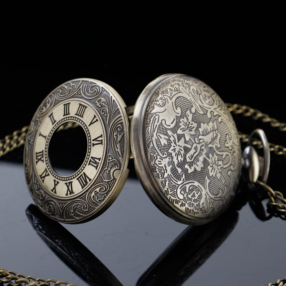 Tiong Pocket Watch Hollow Blue Star Design Roman Numerals Quartz with Chain Christmas Birthday Gifts