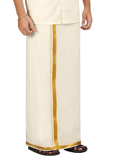 Mens Gold Jari Border 3/4 Inch Border Single Dhoti (1.30X2.00 Meter)