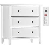 IKENO Solid Wood Nightstand with 3 Drawers and Power Outlet, Tall Bedside Cabinet 16.7" D x 27.6" W x 29.5" H, Single Unit for Bedroom, White