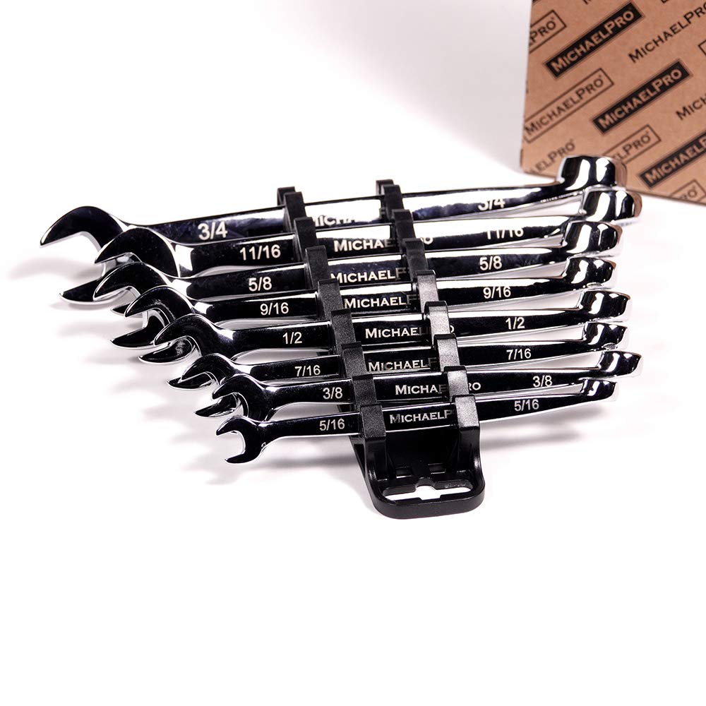 MichaelPro MP001014 8-Piece Combination Spanner Set, Spanners & Wrenches, Imperial Spanners Set, Patented Spiral Grip Design,15 Degree Offset Wrench Set at Open End, SAE Spanner Set for Mechanic