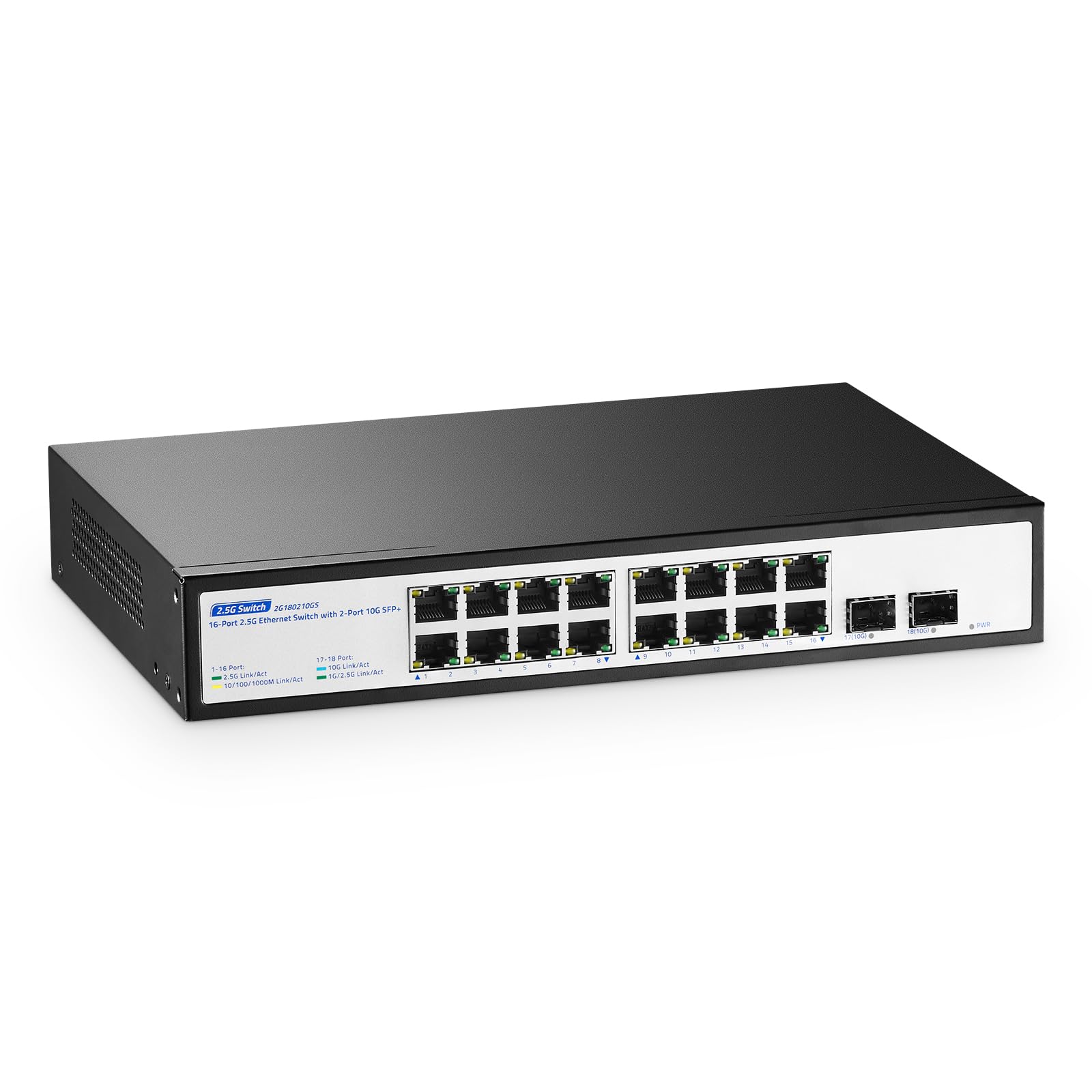 18-Port-2,5-G-Switch, 16x2,5G + 2x10G SFP+, lüfterloser, YuLinca 2,5-Gigabit-Switch für PC, Nicht verwalteter Ethernet-Switch aus Metall, Plug & Play, geräuschlos, für Desktop/Rackmontage