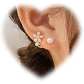 W WEILIRIAN Flower Pearl Jacket Earrings for Women Vintage Pearl Earrings Crystal Flower Earrings Gold Pearl Stud Earrings Pearl Front Back Earrings Jewelry for Girls Gifts