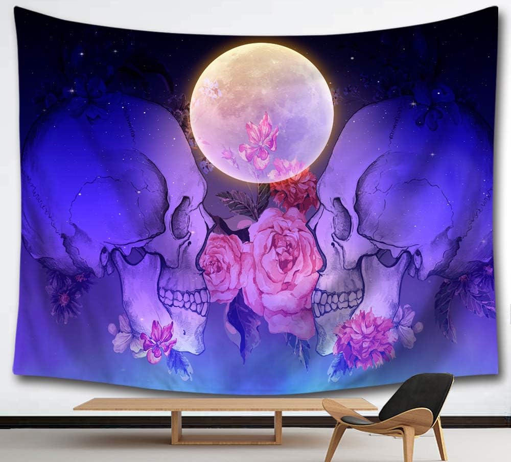 HMWR Suger Skull Tapestry Wall Hanging Pink Flowers Tapestry Bright Moon Midnight Sky Sea Ocean View Dreamy Mystic Collage Dorm Beach Throw Wall Decor 60x51 Inches,Purple Blue