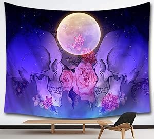 HMWR Suger Skull Tapestry Wall Hanging Pink Flowers Tapestry Bright Moon Midnight Sky Sea Ocean View Dreamy Mystic Collage Dorm Beach Throw Wall Decor 60x51 Inches,Purple Blue