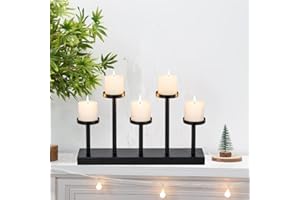 BIGSEE Candelabra for Table Centerpiece with 5 Pillar Fireplace Candle Holders, Elegant Decorative Votive Black Candlestick Holder for Weddings, Parties, Dining Table, and Mantel