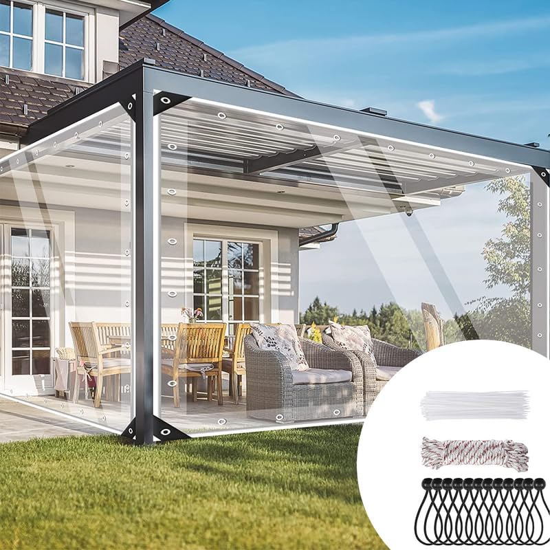 Jianyana Transparent Tarpaulin, 420 g/m² Pvc Clear Tarpaulin Waterproof Heavy Duty Clear Pvc Tarp With Eyelets Gazebo Side Panels Tear With Cable Ties, Elastic Ropes, Ties（1×3m）