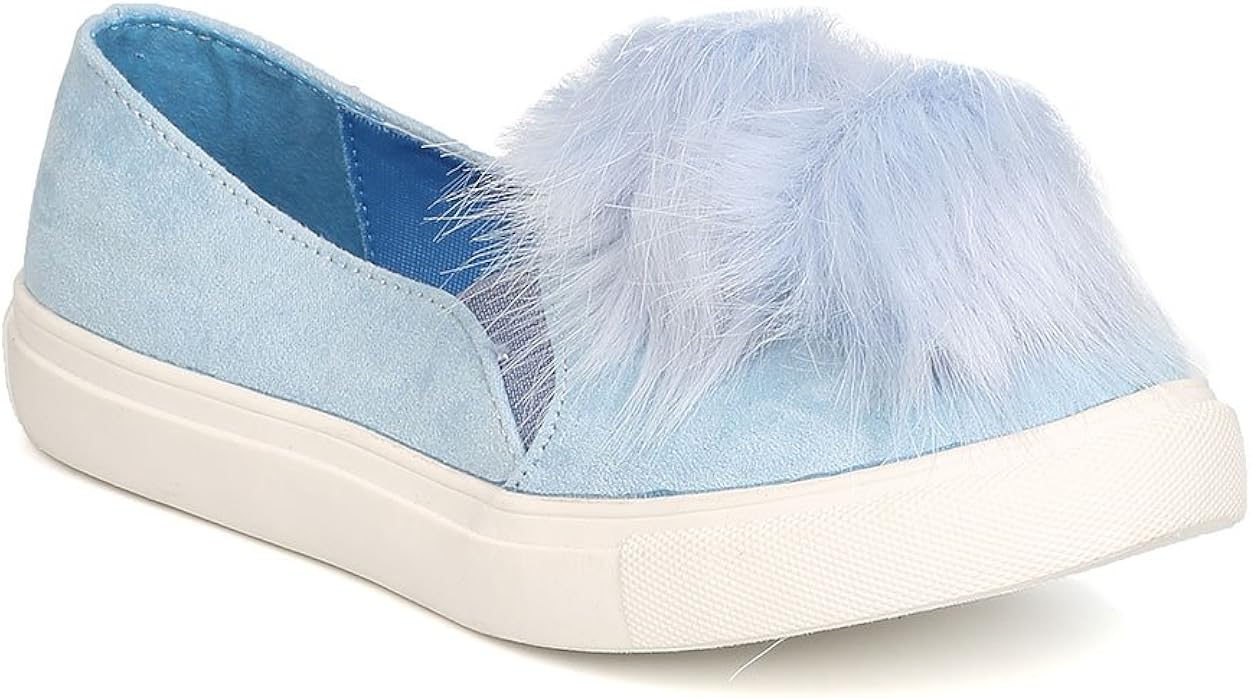 Amazon.com | Liliana Women Mixed Media Faux Fur Pom Pom Slip On Flat Sneaker GD24 - Baby Blue 
