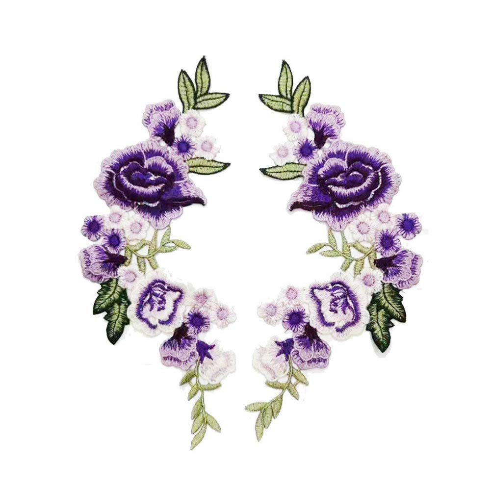2 Pcs/Set Rose Flower Embroidery Sew On Patches Sticker for Clothes Parches para La Ropa Applique Flower Patches (Purple)