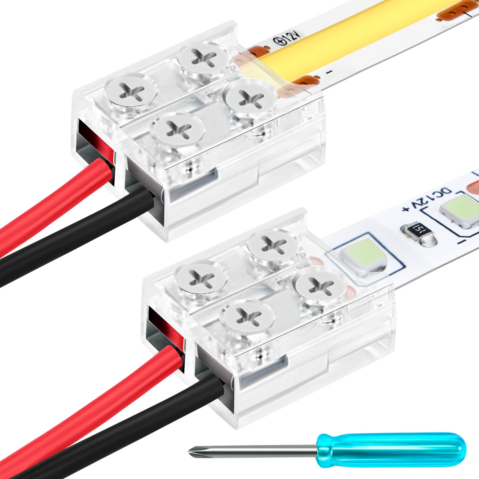 VIPMOON 12 Pack 2 pin 8mm LED Connectors, Solderless Transparent LED Tape Lights Connector Tighten Screw Strip to Wire Connectors for COB/SMD 5V 12V 24V 36V Single Colour LED Strip Lights — image 1