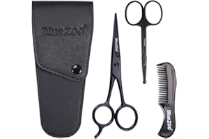 BlueZOO Beard Mustache Scissors and Comb Kit with PU Storage Bag, Rounded Safety Nose Hair Scissor for Men and Women Care Grooming, Ear Trimming Tool, Shears for Personal Grooming, Cutting & Styling
