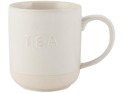 Taza de gres para té, rústica con Texto en Relieve Sobre Fondo Blanco; de