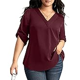 SCOMCHIC Women's Plus Size Blouses 3/4 Cuffed Sleeve Dressy Tunic Tops V Neck Casual Loose Blouse Pleated Shirts