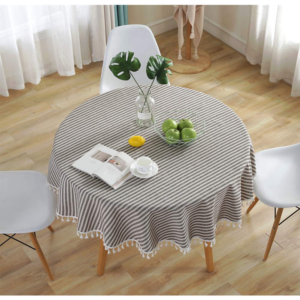 meioro Round Tablecloths Striped Fringe Tablecloth Cotton Linen Table Cover Suitable for Home Kitchen Decoration,Various Sizes (Brown/White Stripes,Diameter 120cm)
