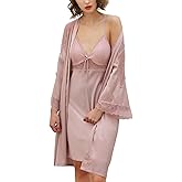 Brosloth Women's Silk Satin Robe Sets 2 Piece Sexy Pajamas Set Sheer Lace Cami Nightgown Lingerie and Silky Robes