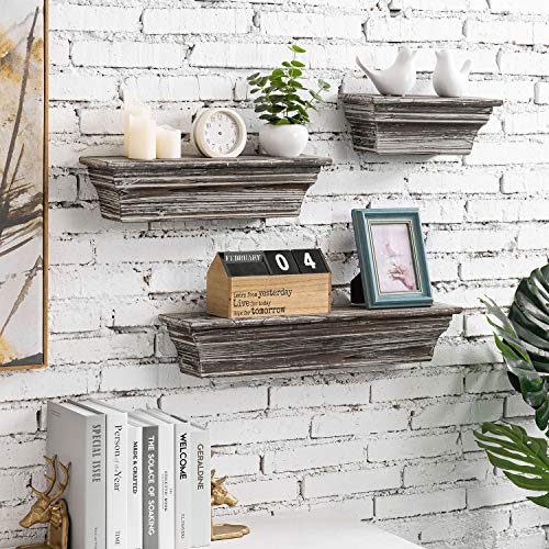 MyGift Rustic Torched Wood Wall Mounted Display Floating Shelves for Bathroom, Kitchen, Bedroom, Living Room, Set of 3