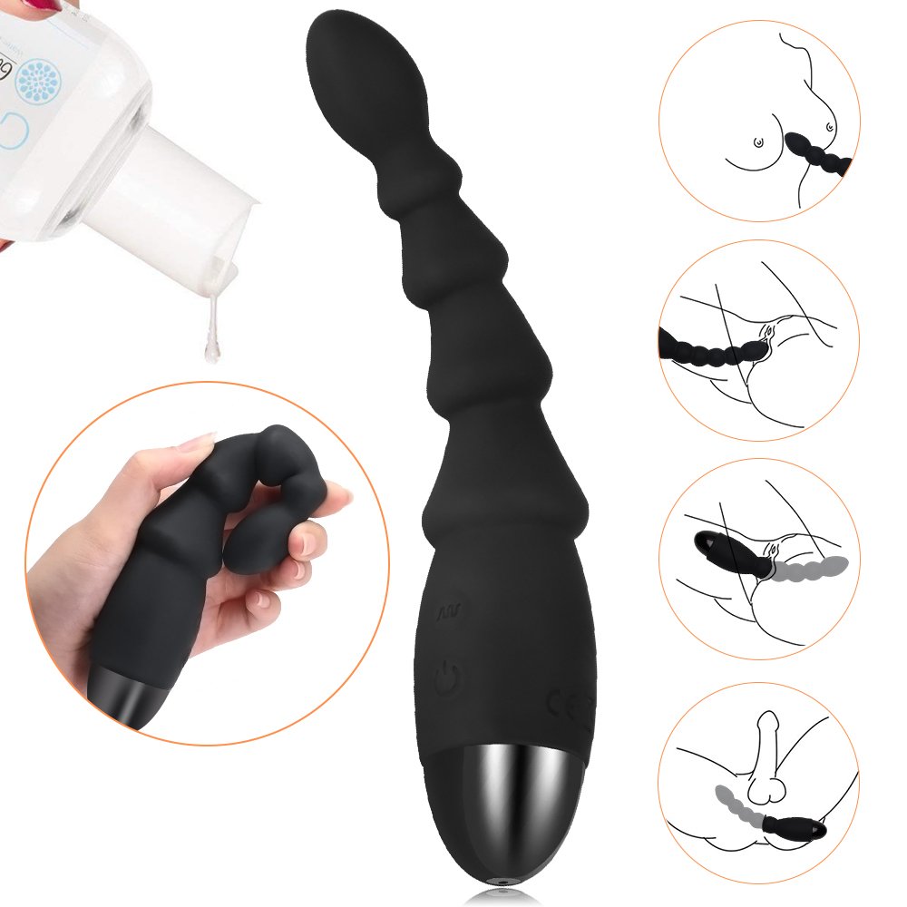 Analvibrator Prostata Massage mit Vibration, Silikon Anal Plug mit 5 Flexibel Kugeln für Frauen und Männer (Schwarz-1)
