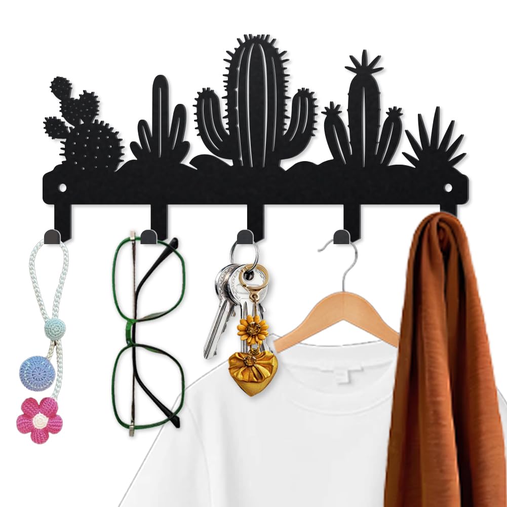 Photo 1 of MAYJOYDIY Desert Cactus Key Holder Wall Mount 4.7×9.8inch Sunshine Cacti Metal Towel Hook Coat Hanger with 5 Hooks Black Sandy Plants Wall Decorative Key Rack for Entryway Hallway Kitchen Office