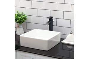 Kichae 15x15 Square Bathroom Vessel Sink Porcelain Ceramic White Vanity Sink Above Counter Modern Sink for Cabinet, Lavatory, Hotel Art Basin, Home Washing Basin
