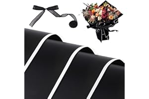 Kosotody 20 Sheets Waterproof Floral Wrapping Paper,Florist Bouquet Packaging Paper with Ribbon, 22.8x22.8 inch (White Edge Black)