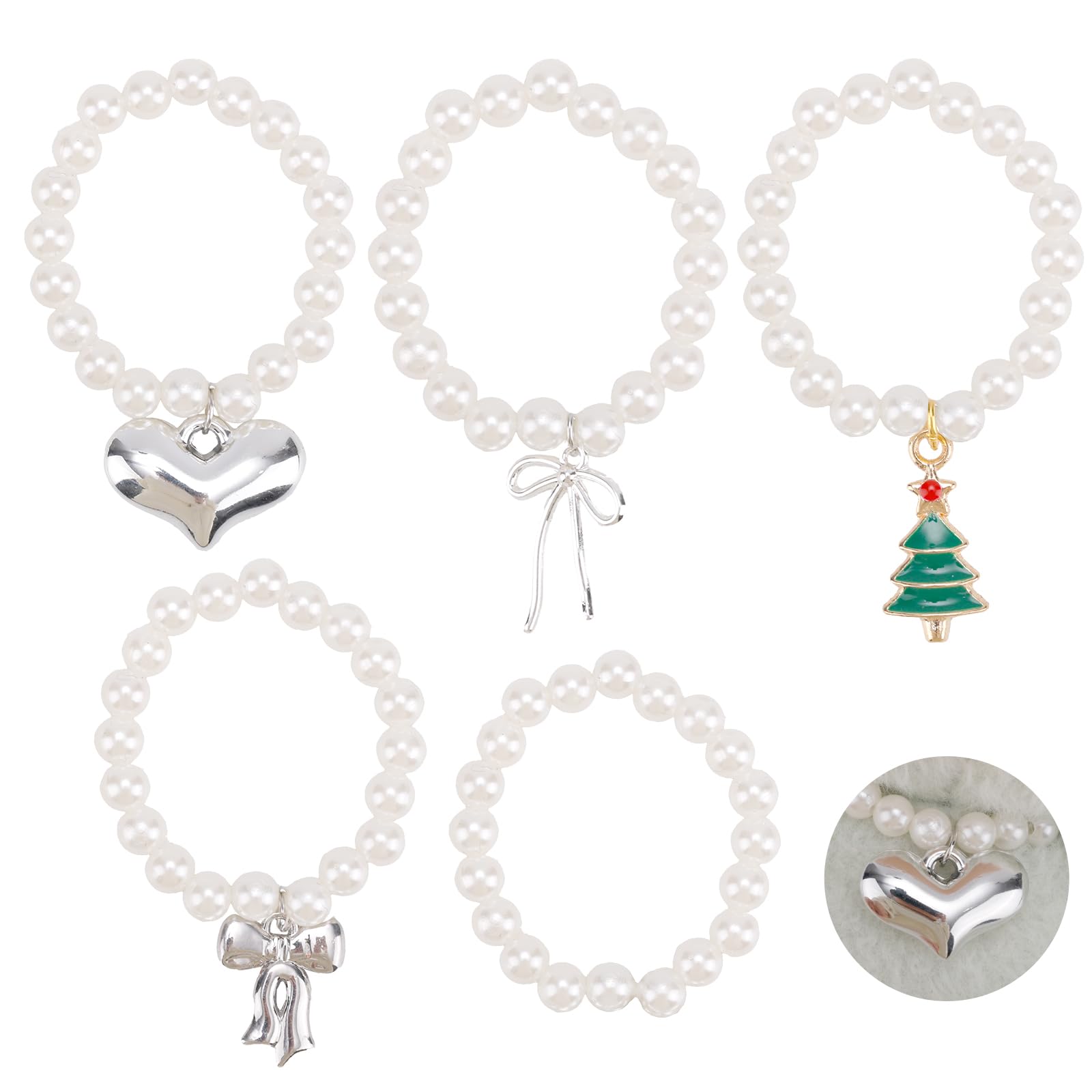 Sinbana 5pcs Pearl Necklace Set for Dolls, 5 Styles Mini Pearl Necklace for 6.69in/17cm Plush Doll Outfit Decor (No Doll Included)