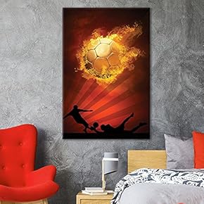 Canvas Wall Art Sports Theme - Golden Soccer Fire - Giclee Print Gallery Wrap Modern Home Art Ready to Hang - 12x18 inches