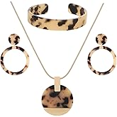 ARATLENCH Leopard Earrings Necklace Bracelet for Women Acrylic Circle Hoop Dangle Earring Long Disc Pendant Necklace Open Cuff Bangle Resin Cheetah Jewelry Set for Ladies
