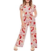 Haloumoning Girls Floral Jumpsuit Kids Fashion Short Sleeve Belted Wide Leg Romper One Piece Outfits with Pockets