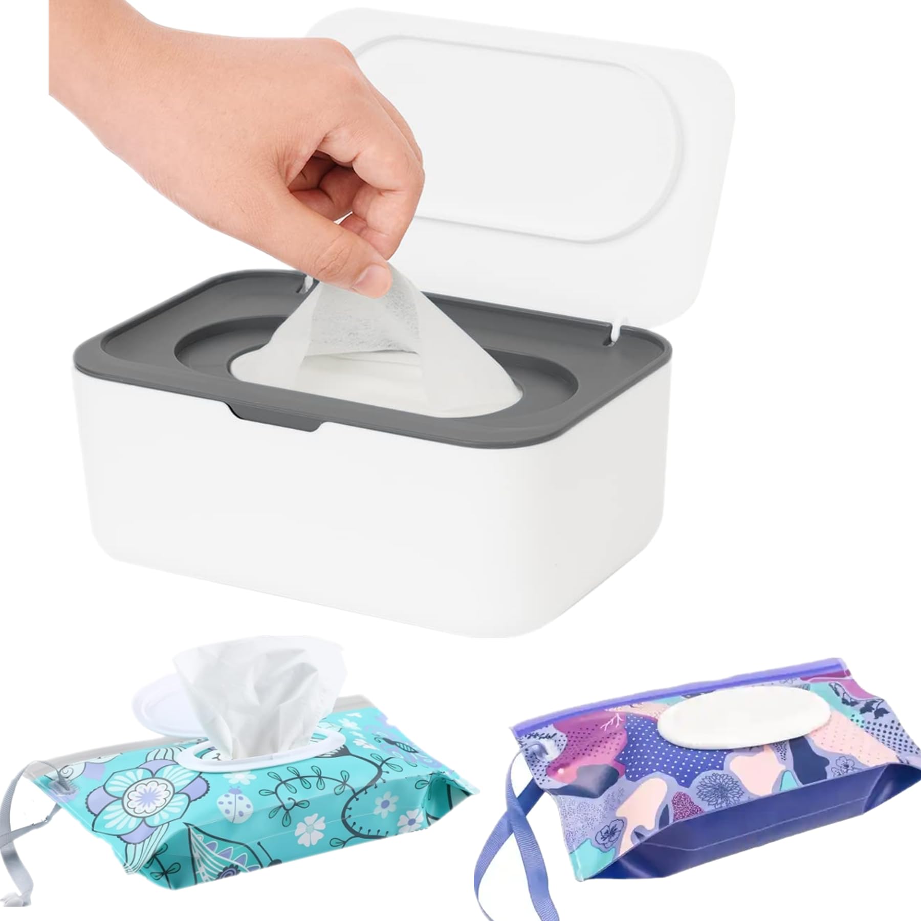 Wipes Dispenser with 2Pcs Portable Travel Refillable Wipe Holder,Reusable Wipe Holder Box Flushable Wipes Case Bathroom Wipes Container for Pet Nursery Office Counter Baby Shower Gifts(White-Grey)