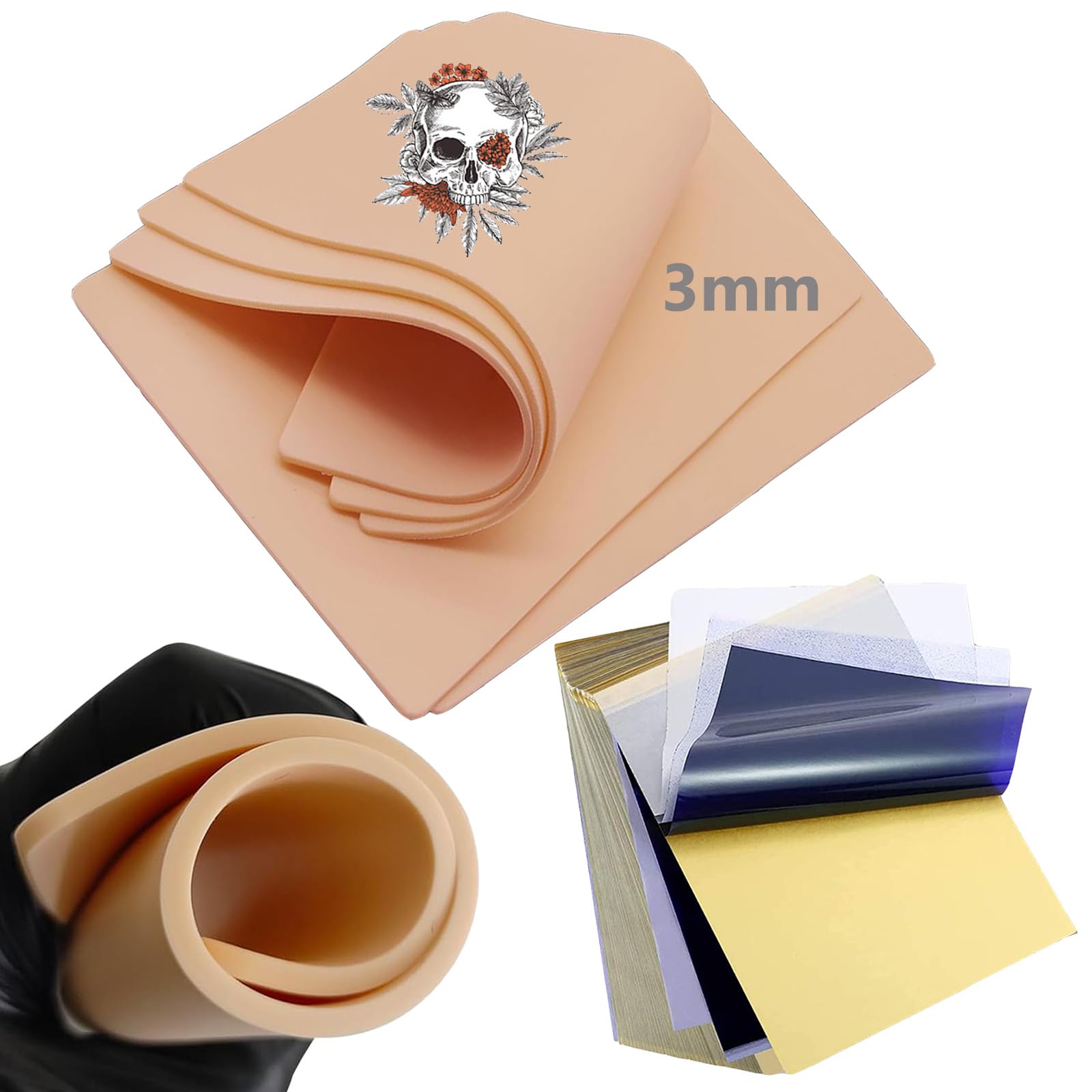 24 Pieces Tattoo Skin 3 mm with Transfer Paper Set, Unihuby 4 Pieces Synthetic Skin 3 mm and 20 Pieces Stencil Paper Practice Skin for Tattoo Practice Set