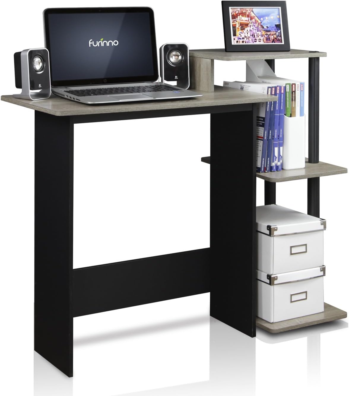 FURINNO Efficient Home Laptop Notebook Computer Desk, Square Side Shelves, French Oak Grey/Black: Furniture & Decor