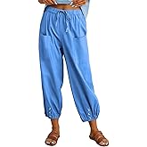 Amlztr Women's Cropped Drawstring Waist Wide Leg Loose Cotton Linen Capri Pants for Women