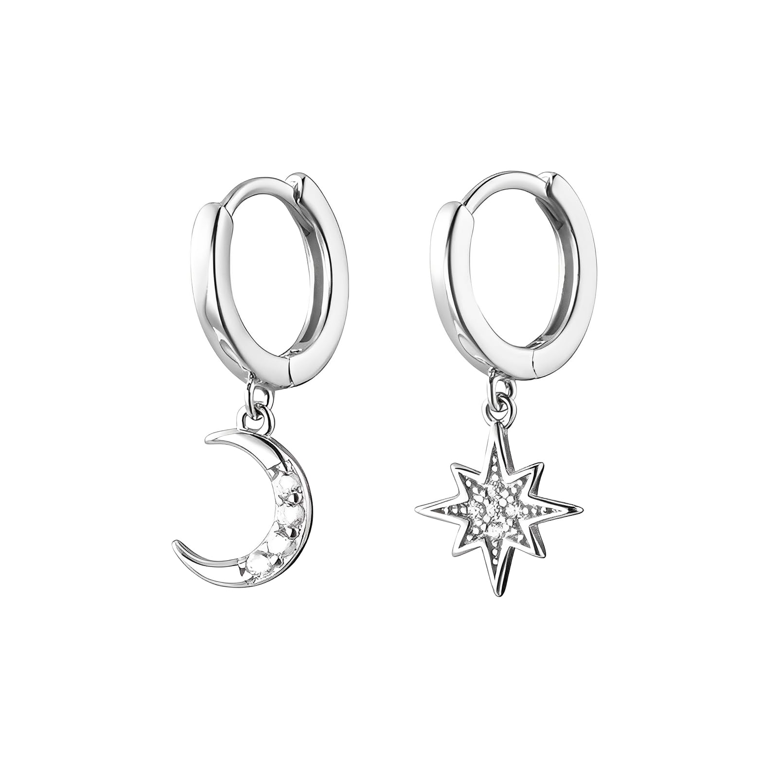 CZ Moon Star Dangle Small Hoop Earrings for Women Girls Sterling Silver Charms Crystal Asymmetrical Snowflake Crescent Drop Mini Cartilage Clip Jewelry Delicate Fashion Birthday Gifts