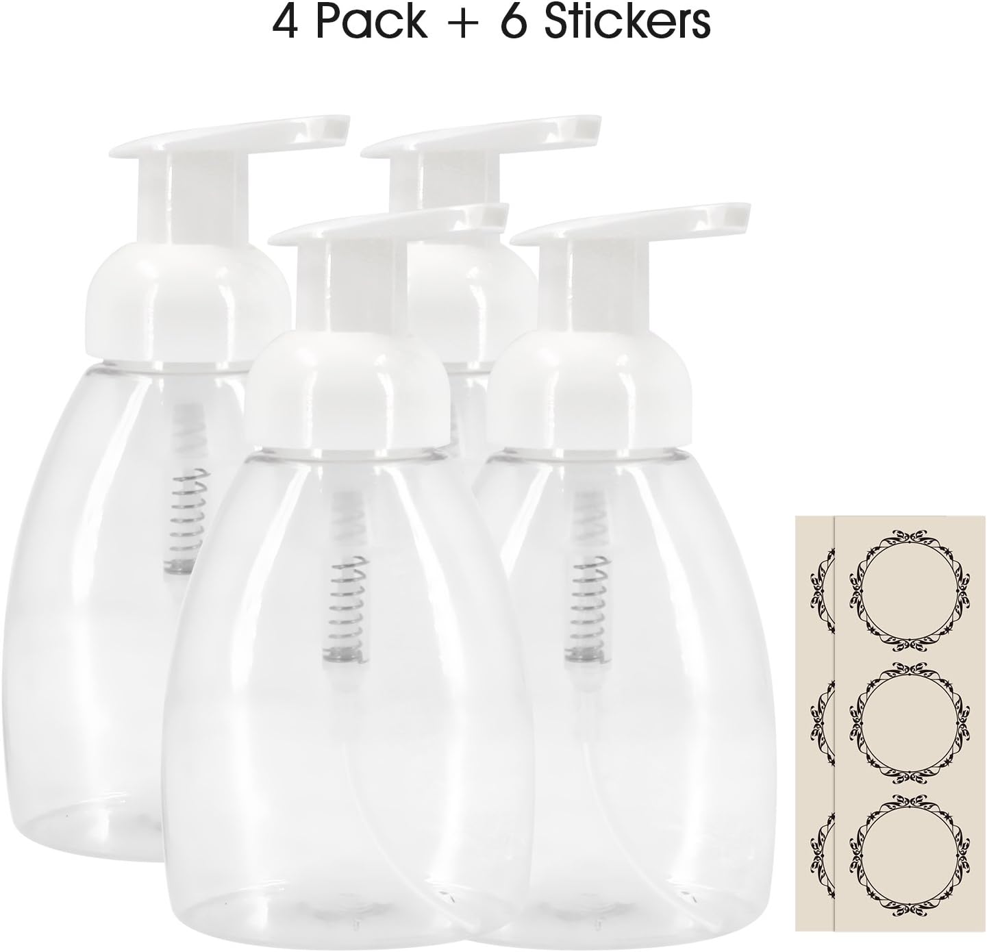 Almondcy Oval Plastic Foaming Soap Dispensers - 300ml(10oz) - Refillable Pump Soap Bottles with White Pumps, Pack of 4