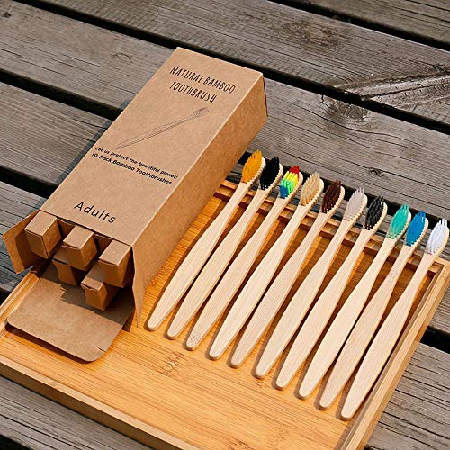 Shop-Story - Pack of 10 Natural Bamboo and Charcoal Toothbrushes - Anti-Bacterial - Random Colour