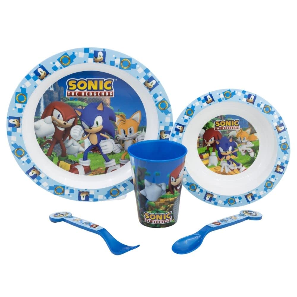 Sonic Cartoon Character Dinner Tableware Set 5pcs Plate, Bowl, Cup & Cutlery, BPA Free re-usable Plastic Microwave Safe (Sonic)